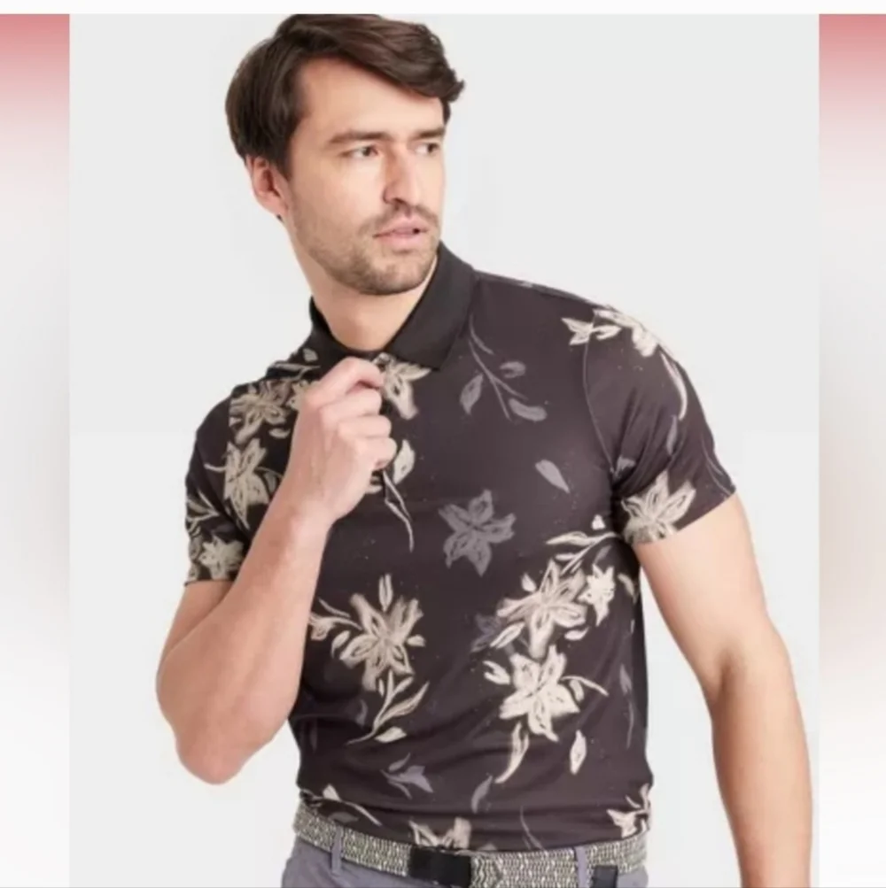 Men's Floral Print Textured Polo Shirt - All In Motion Black/Gray XL